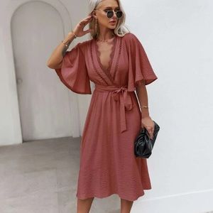 SHEIN Surplice Front Butterfly Sleeve Belted Dress L